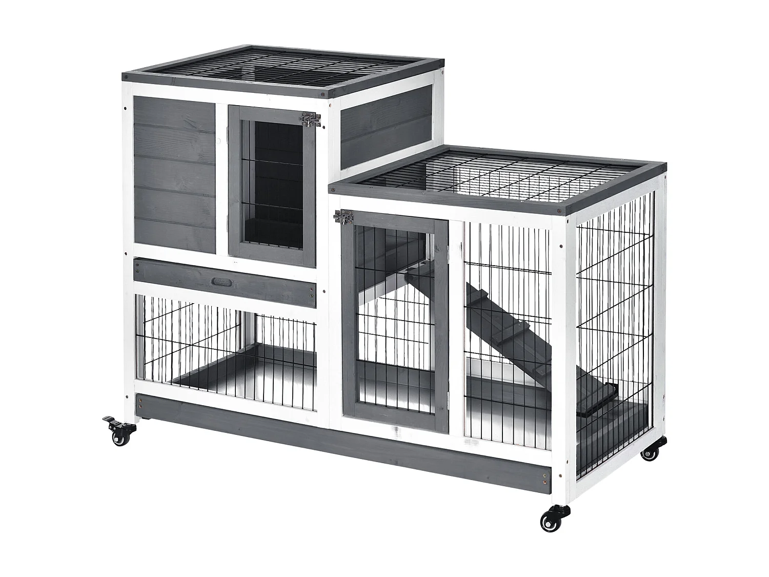 Clapier à lapin sur roulettes cage à lapin 2 étages 2 portes verrouillables 2 plateaux coulissants rampe bois de sapin gris blanc