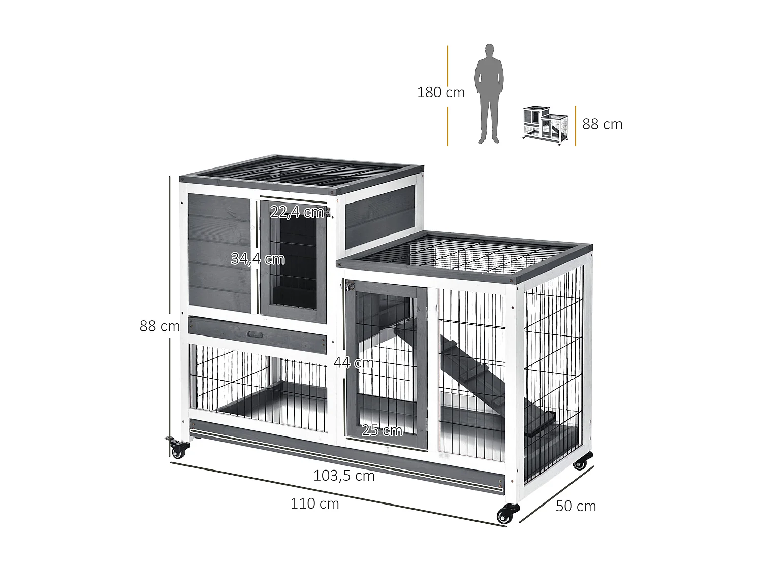 Clapier à lapin sur roulettes cage à lapin 2 étages 2 portes verrouillables 2 plateaux coulissants rampe bois de sapin gris blanc