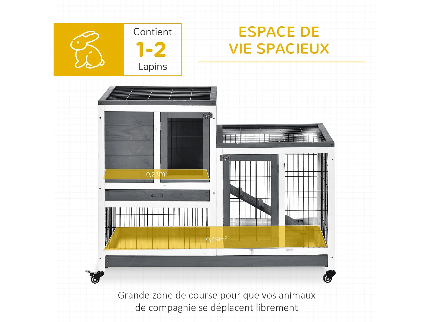 Clapier à lapin sur roulettes cage à lapin 2 étages 2 portes verrouillables 2 plateaux coulissants rampe bois de sapin gris blanc
