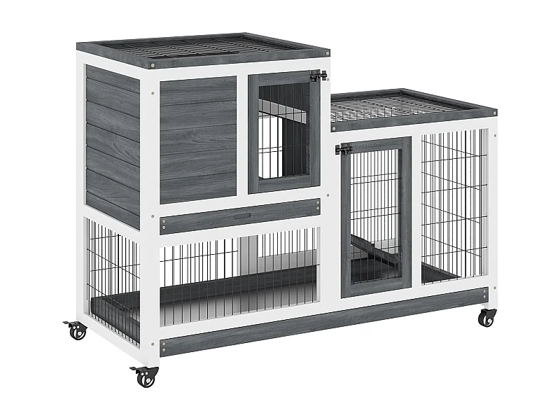 Clapier à lapin sur roulettes cage à lapin 2 étages 2 portes verrouillables 2 plateaux coulissants rampe bois de sapin gris blanc