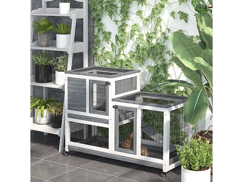 Clapier à lapin sur roulettes cage à lapin 2 étages 2 portes verrouillables 2 plateaux coulissants rampe bois de sapin gris blanc