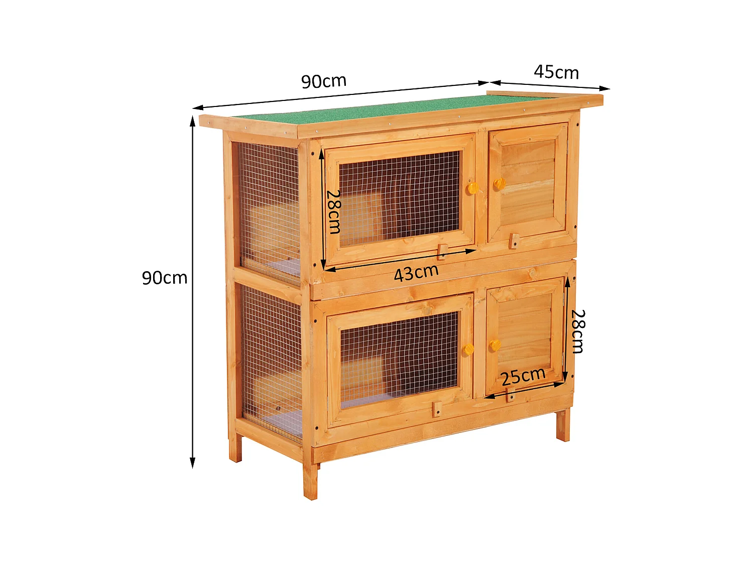 Clapier à lapin cage à lapin double niveau plateaux coulissants 4 portes verrouillables toit ouvrant 90L x 45l x 90H cm