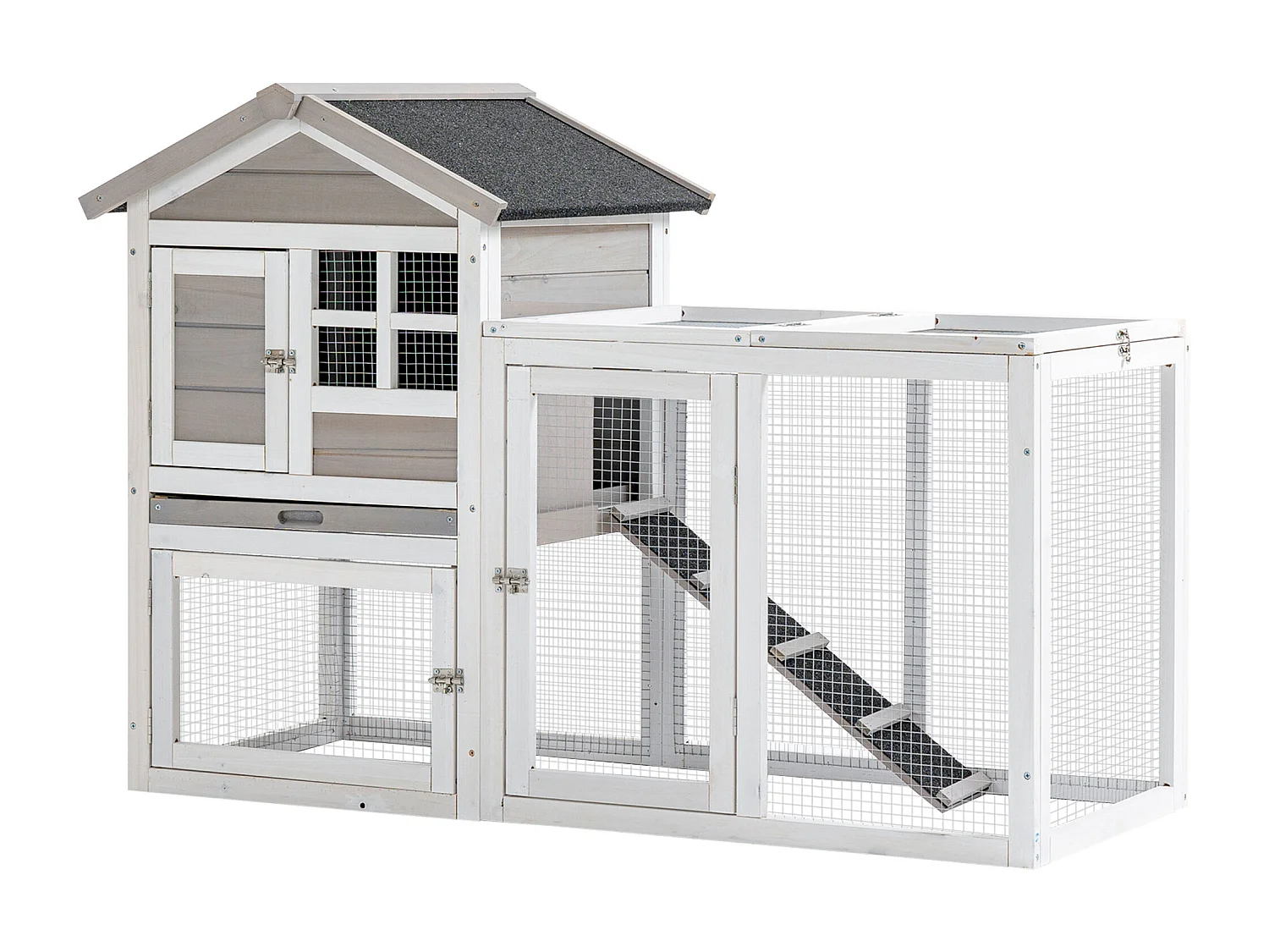 Clapier cage à lapins cottage - niche supérieure avec rampe et enclos extérieur - plateau excrément, toit bitumé, 4 portes verrouillables - bois sapin blanc gris