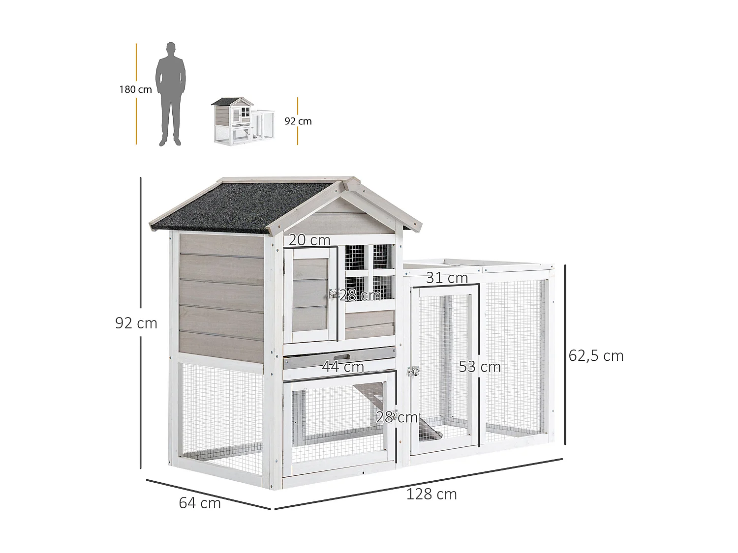 Clapier cage à lapins cottage - niche supérieure avec rampe et enclos extérieur - plateau excrément, toit bitumé, 4 portes verrouillables - bois sapin blanc gris