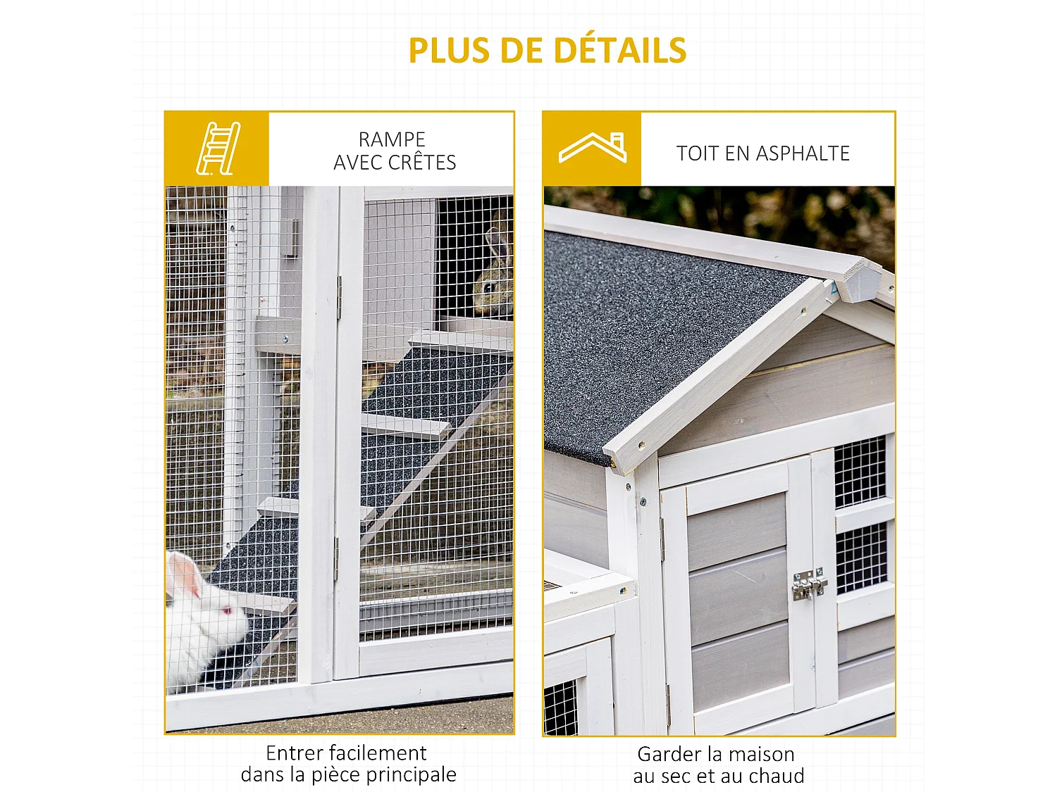 Clapier cage à lapins cottage - niche supérieure avec rampe et enclos extérieur - plateau excrément, toit bitumé, 4 portes verrouillables - bois sapin blanc gris
