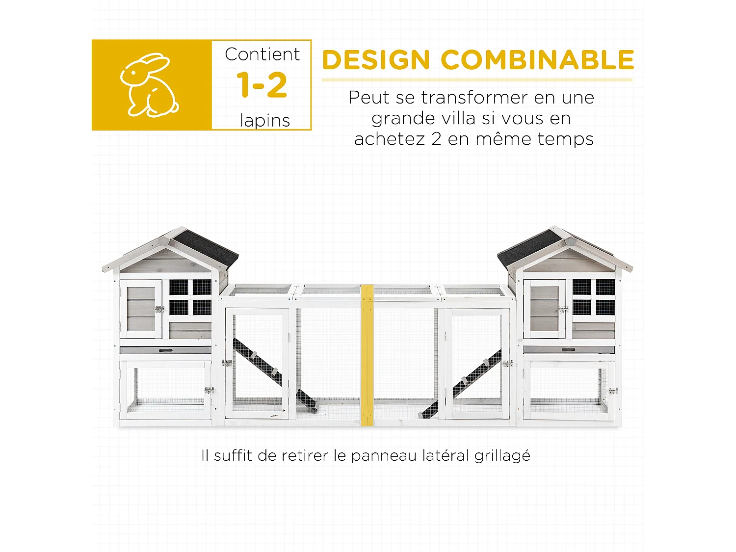 Clapier cage à lapins cottage - niche supérieure avec rampe et enclos extérieur - plateau excrément, toit bitumé, 4 portes verrouillables - bois sapin blanc gris