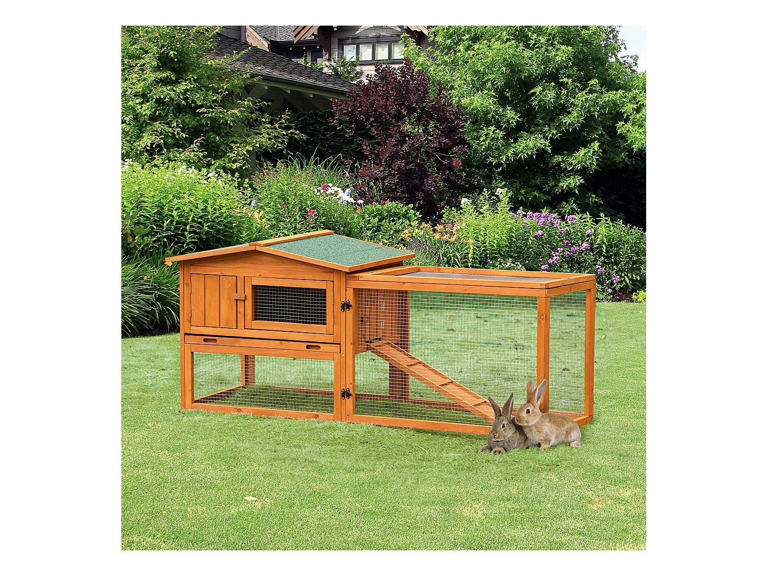 Clapier cage à lapins rongeurs 2 étages tiroir déjection enclos extérieur toit ouvrant dim. 156L x 58l x 68H cm bois sapin pré-huilé