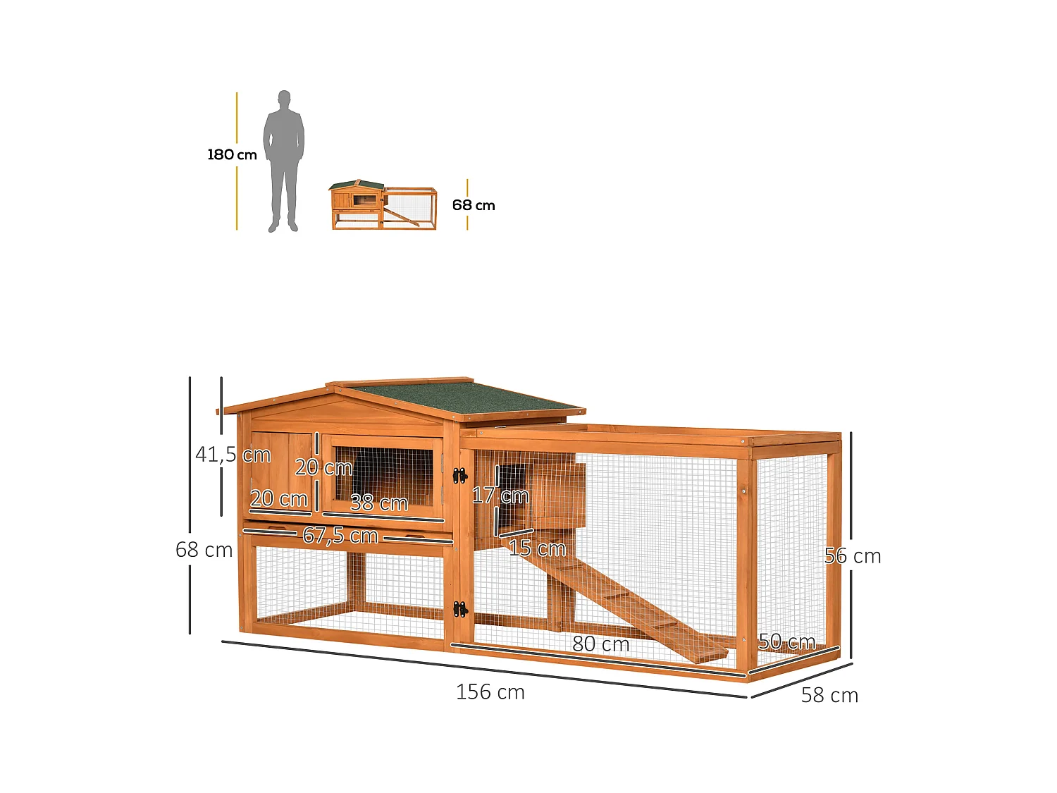 Clapier cage à lapins rongeurs 2 étages tiroir déjection enclos extérieur toit ouvrant dim. 156L x 58l x 68H cm bois sapin pré-huilé