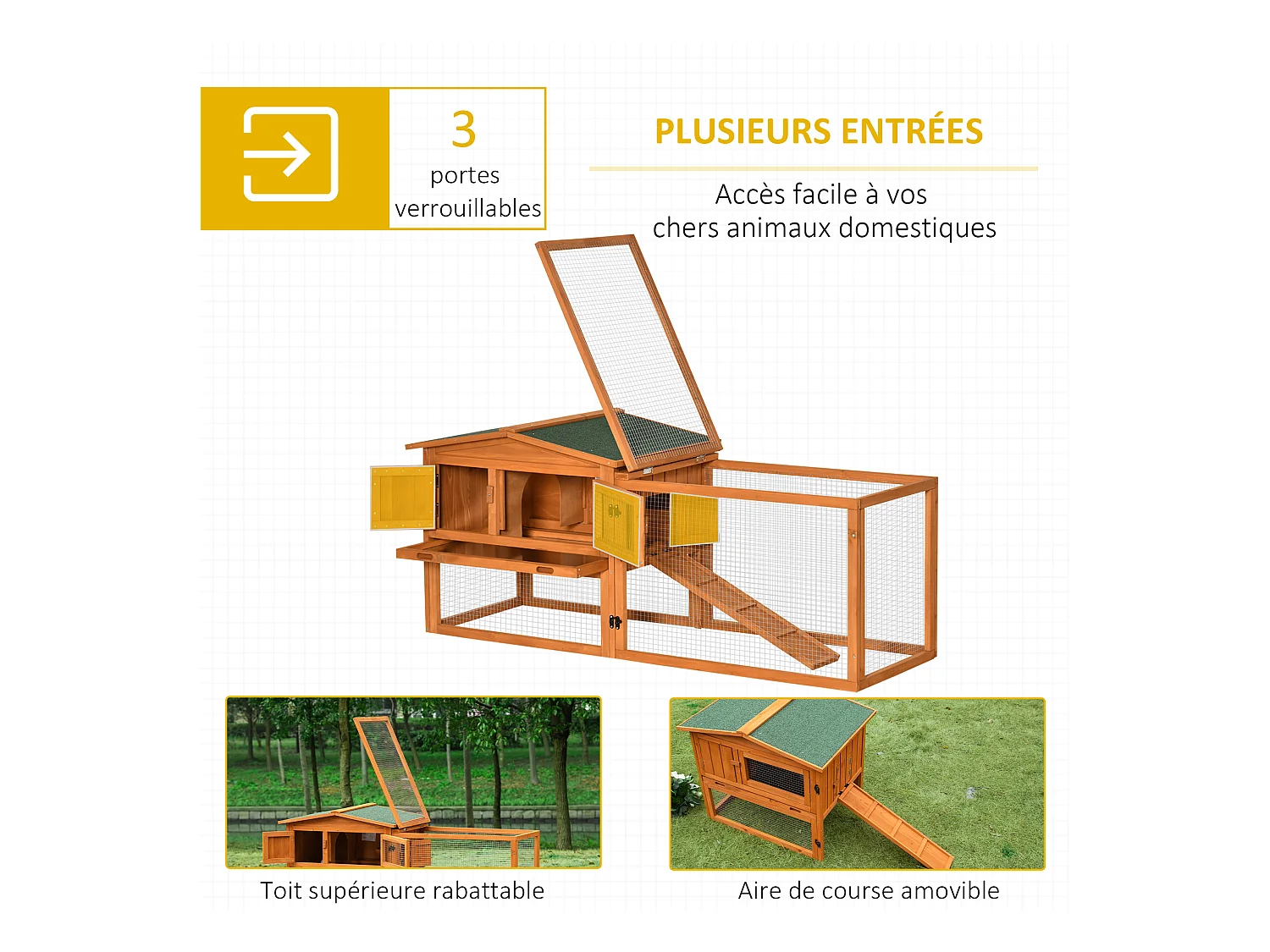 Clapier cage à lapins rongeurs 2 étages tiroir déjection enclos extérieur toit ouvrant dim. 156L x 58l x 68H cm bois sapin pré-huilé