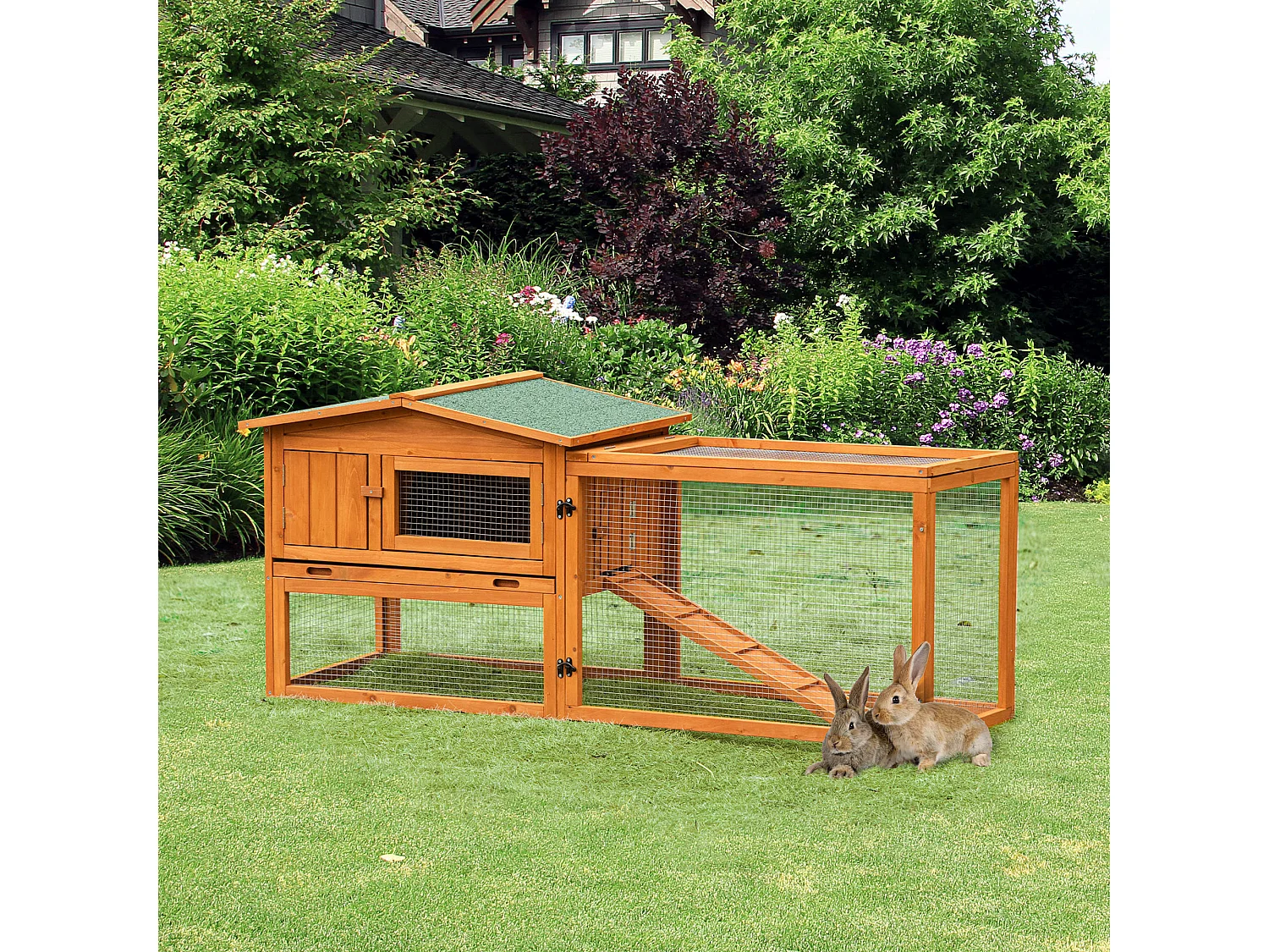 Clapier cage à lapins rongeurs 2 étages tiroir déjection enclos extérieur toit ouvrant dim. 156L x 58l x 68H cm bois sapin pré-huilé