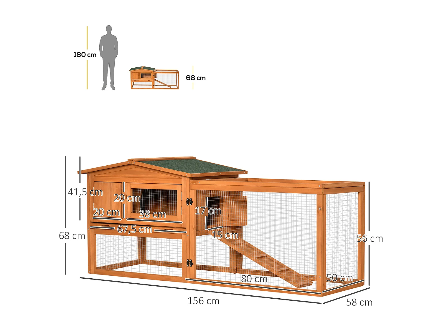 Clapier cage à lapins rongeurs 2 étages tiroir déjection enclos extérieur toit ouvrant dim. 156L x 58l x 68H cm bois sapin pré-huilé