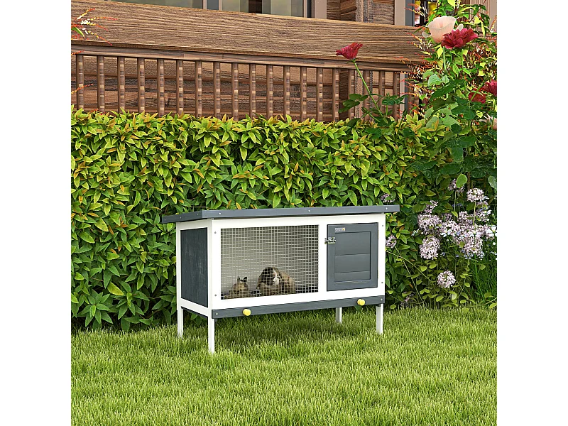 Clapier sur pied cage à lapin avec niche intérieure toit ouvrant porte verrouillable dim. 90L x 45l x 65H cm noir blanc vert