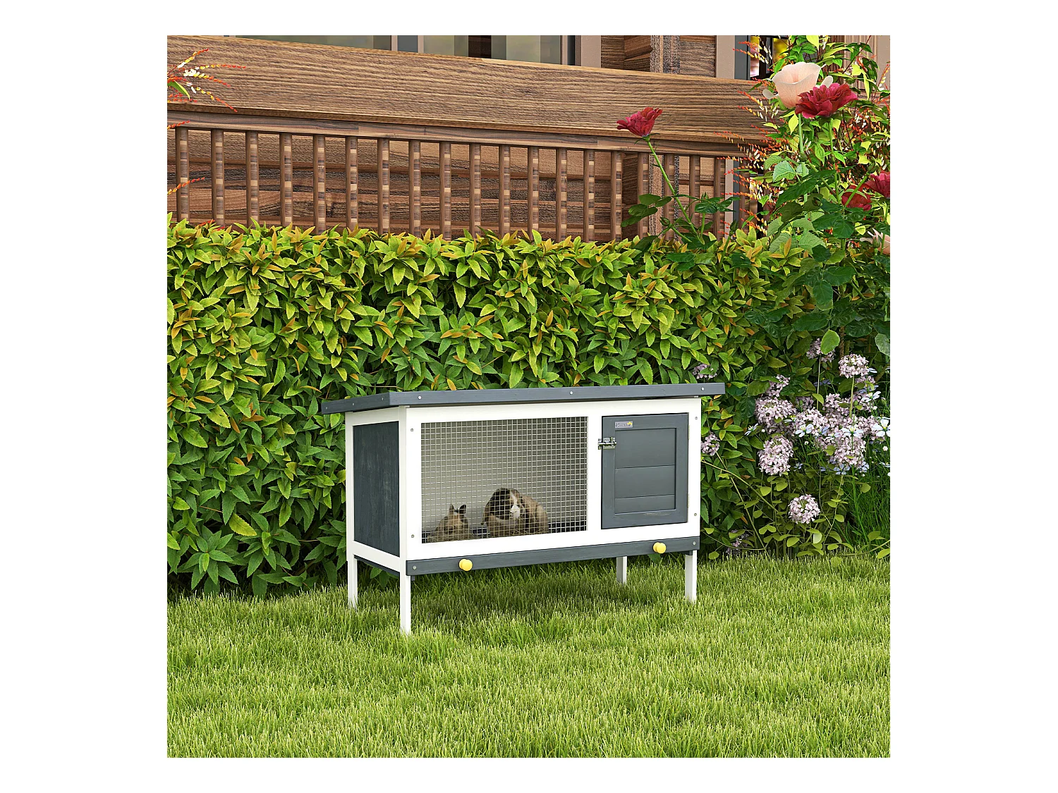 Clapier sur pied cage à lapin avec niche intérieure toit ouvrant porte verrouillable dim. 90L x 45l x 65H cm noir blanc vert