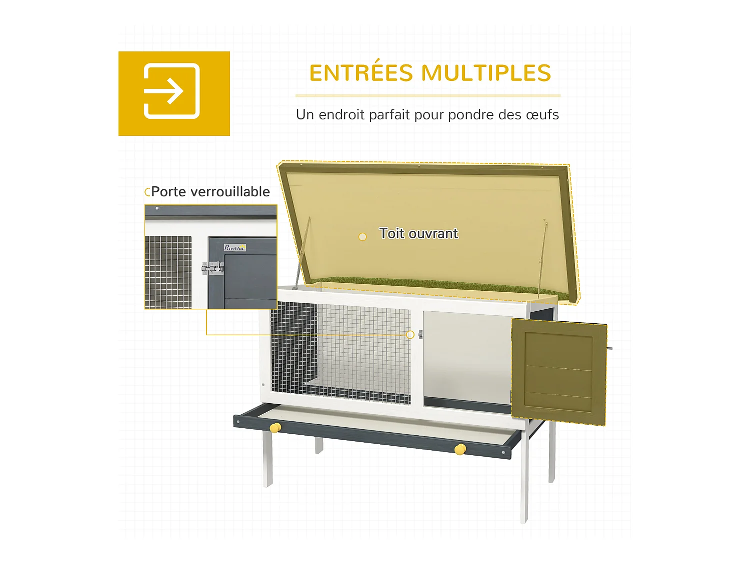 Clapier sur pied cage à lapin avec niche intérieure toit ouvrant porte verrouillable dim. 90L x 45l x 65H cm noir blanc vert