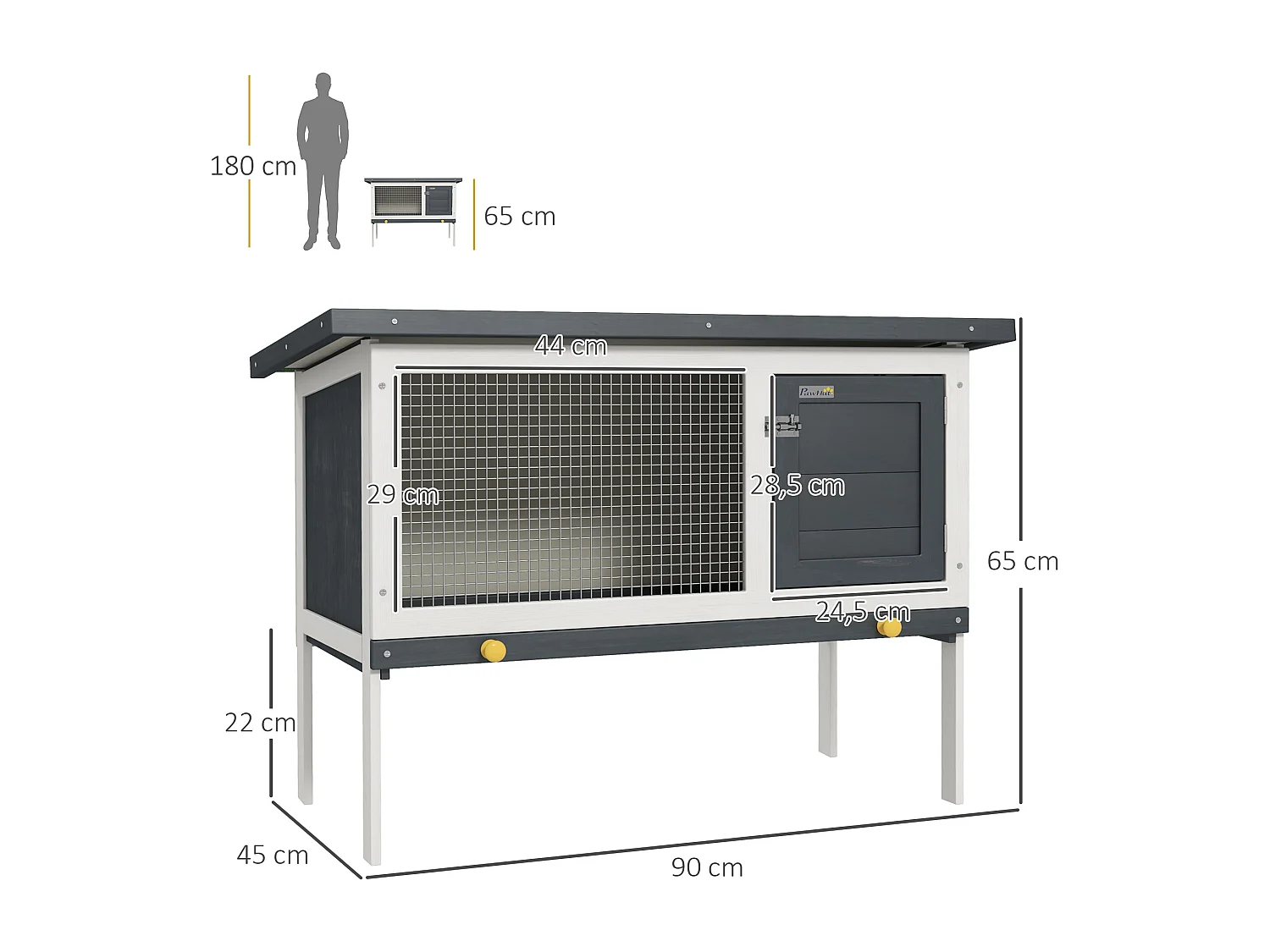 Clapier sur pied cage à lapin avec niche intérieure toit ouvrant porte verrouillable dim. 90L x 45l x 65H cm noir blanc vert