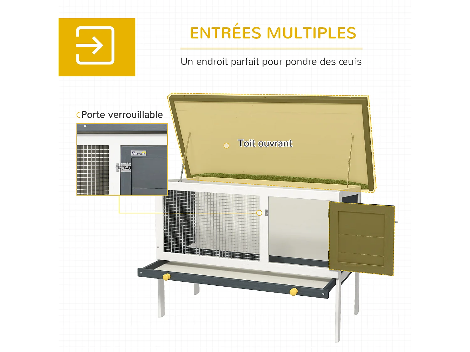 Clapier sur pied cage à lapin avec niche intérieure toit ouvrant porte verrouillable dim. 90L x 45l x 65H cm noir blanc vert