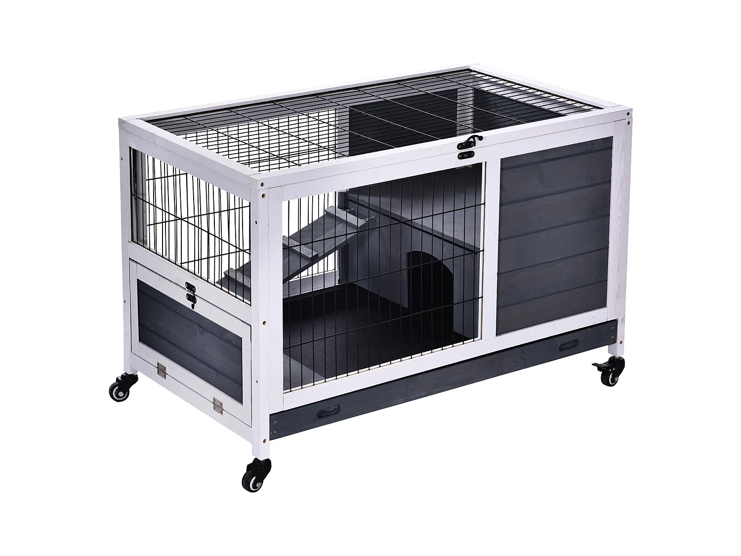 Clapier à lapin sur roulettes cage à lapin 2 étages porte verrouillable toit ouvrant plateau coulissant rampe bois de sapin gris blanc