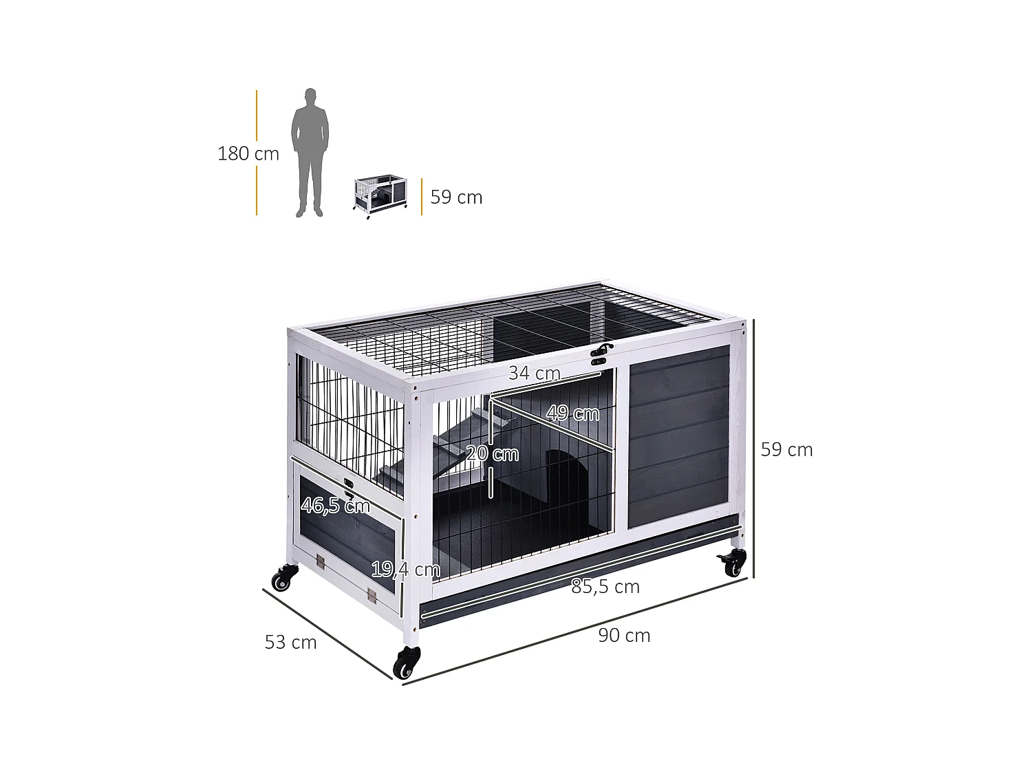 Clapier à lapin sur roulettes cage à lapin 2 étages porte verrouillable toit ouvrant plateau coulissant rampe bois de sapin gris blanc