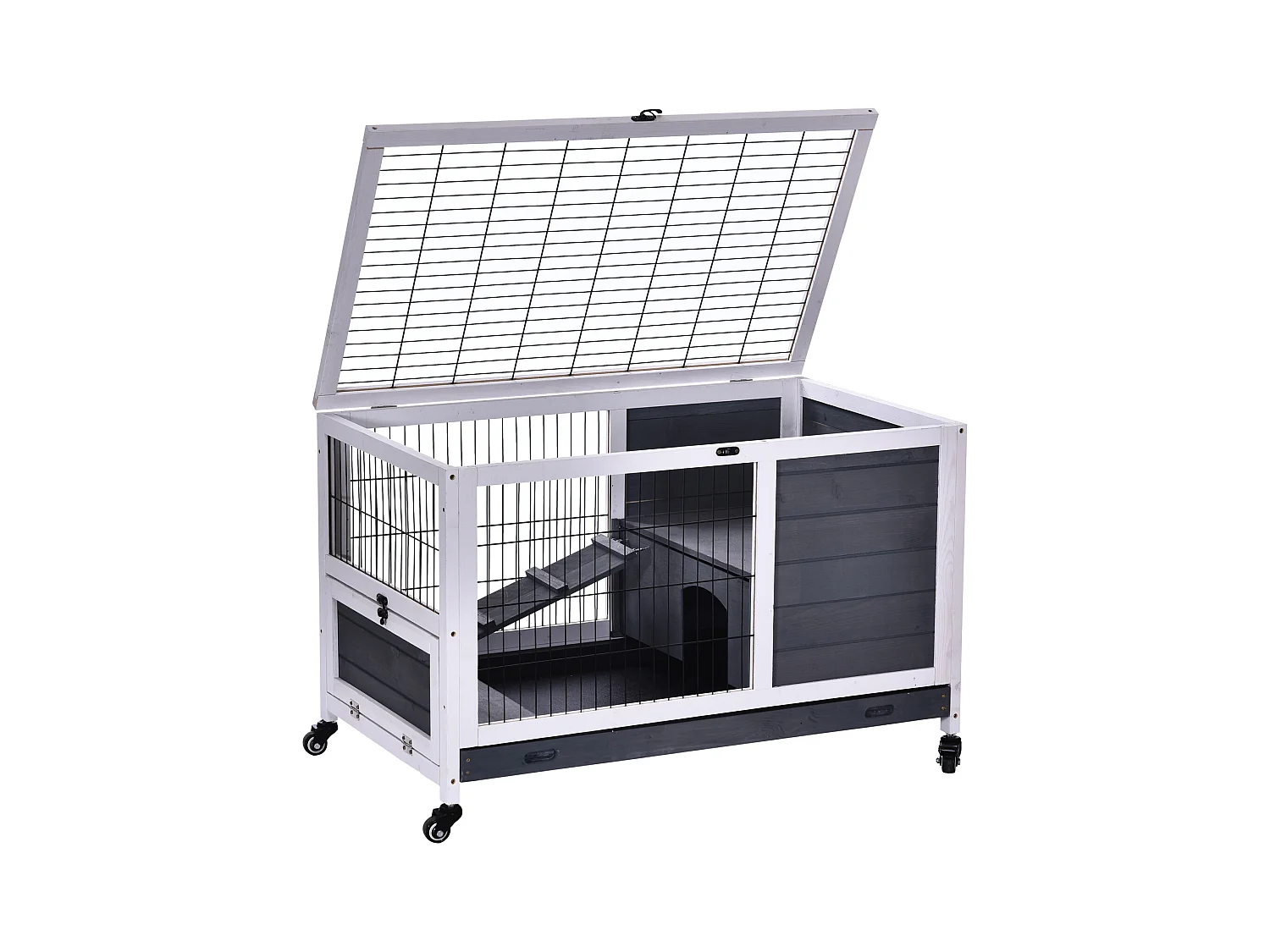 Clapier à lapin sur roulettes cage à lapin 2 étages porte verrouillable toit ouvrant plateau coulissant rampe bois de sapin gris blanc