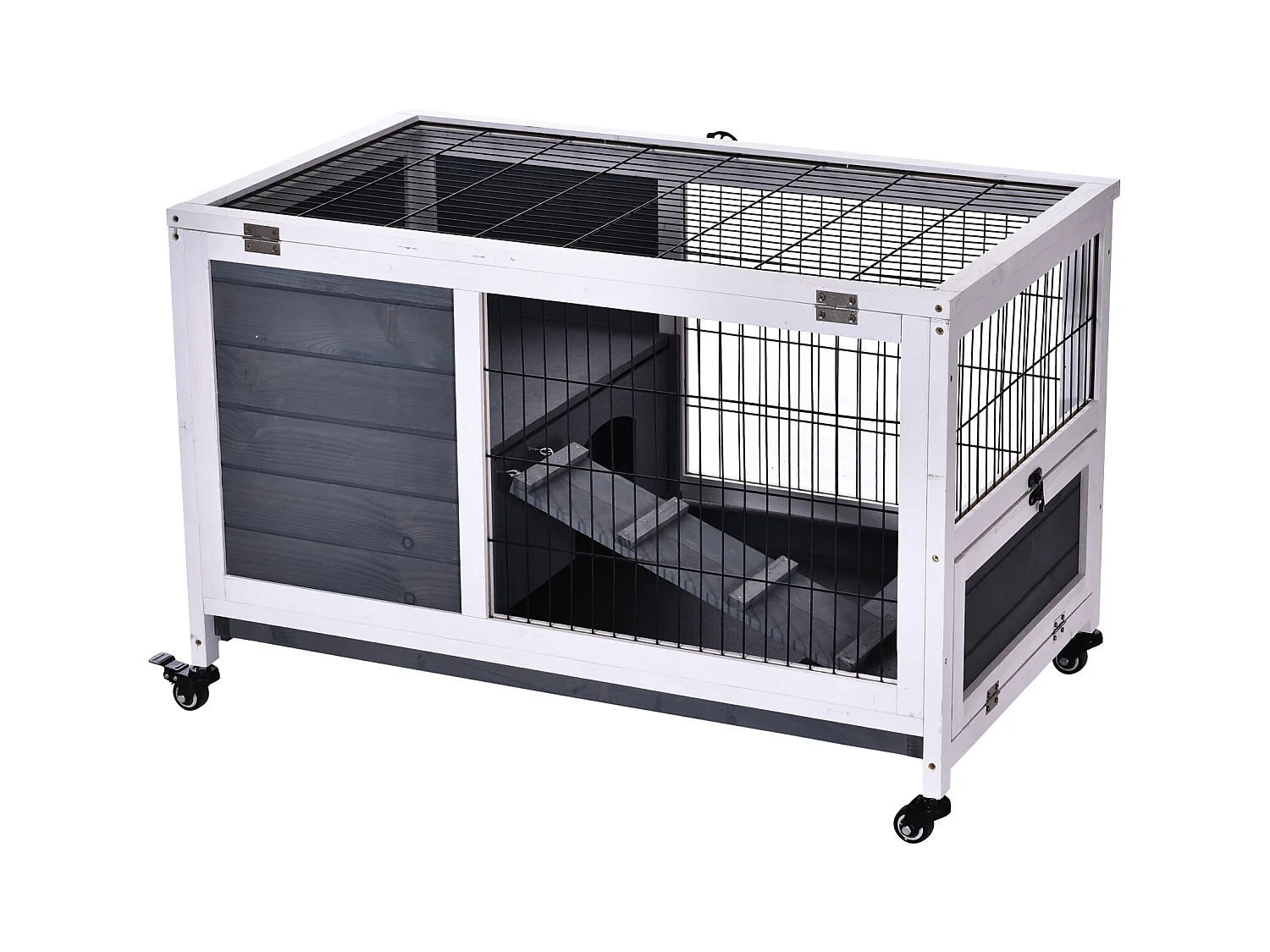 Clapier à lapin sur roulettes cage à lapin 2 étages porte verrouillable toit ouvrant plateau coulissant rampe bois de sapin gris blanc
