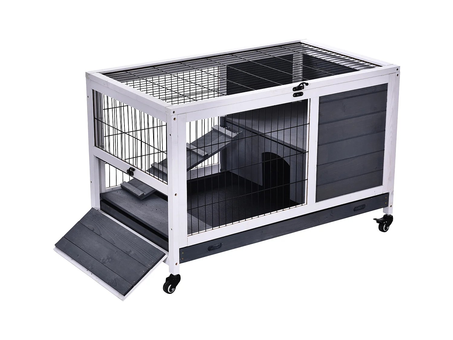 Clapier à lapin sur roulettes cage à lapin 2 étages porte verrouillable toit ouvrant plateau coulissant rampe bois de sapin gris blanc
