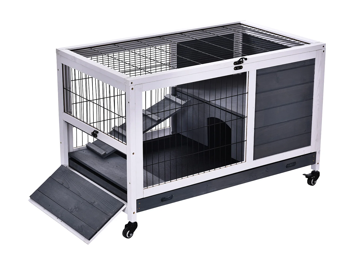 Clapier à lapin sur roulettes cage à lapin 2 étages porte verrouillable toit ouvrant plateau coulissant rampe bois de sapin gris blanc