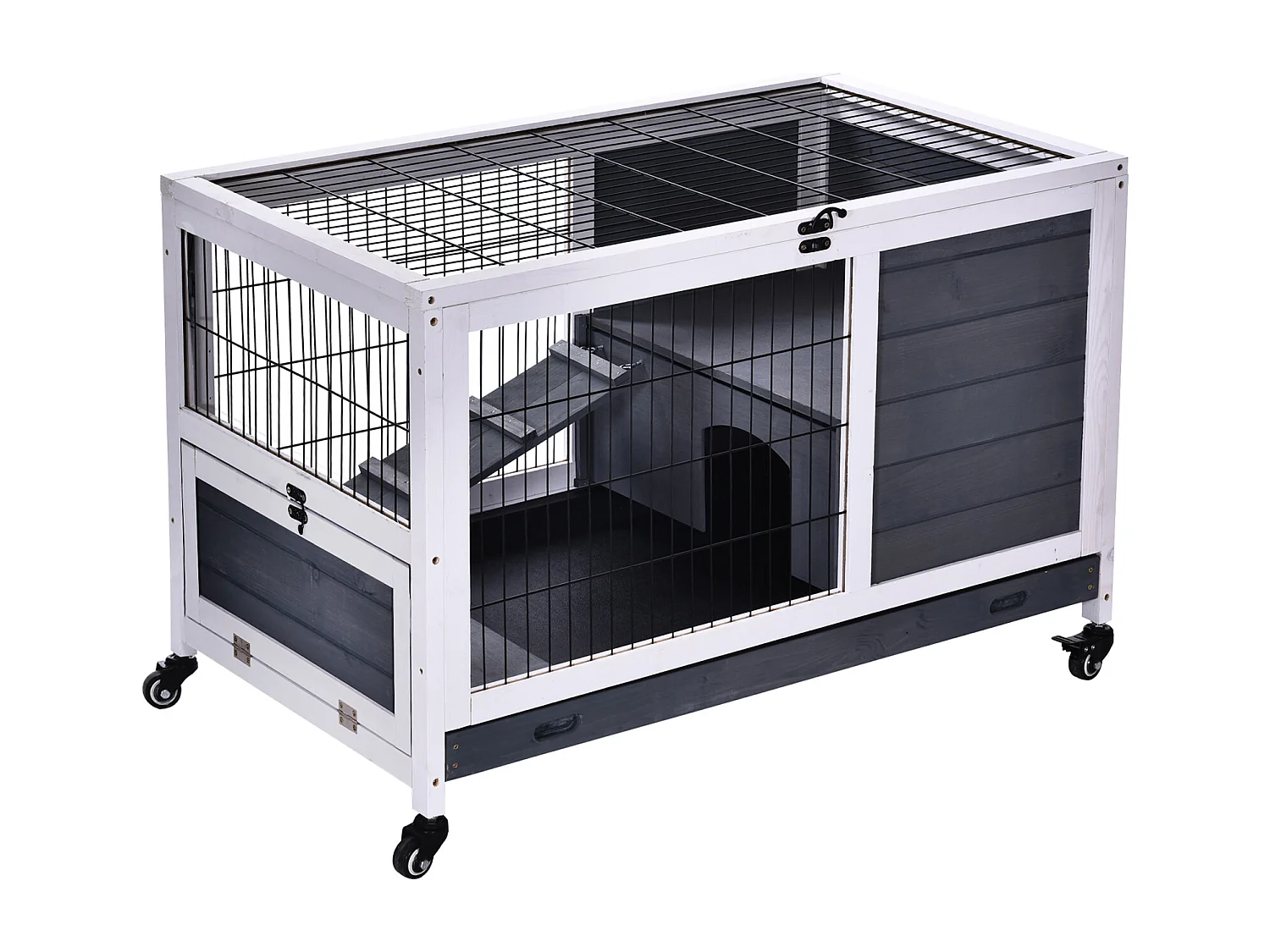 Clapier à lapin sur roulettes cage à lapin 2 étages porte verrouillable toit ouvrant plateau coulissant rampe bois de sapin gris blanc