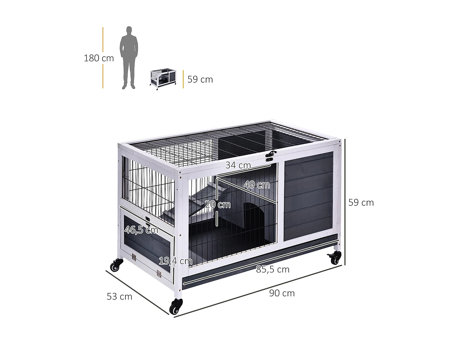 Clapier à lapin sur roulettes cage à lapin 2 étages porte verrouillable toit ouvrant plateau coulissant rampe bois de sapin gris blanc