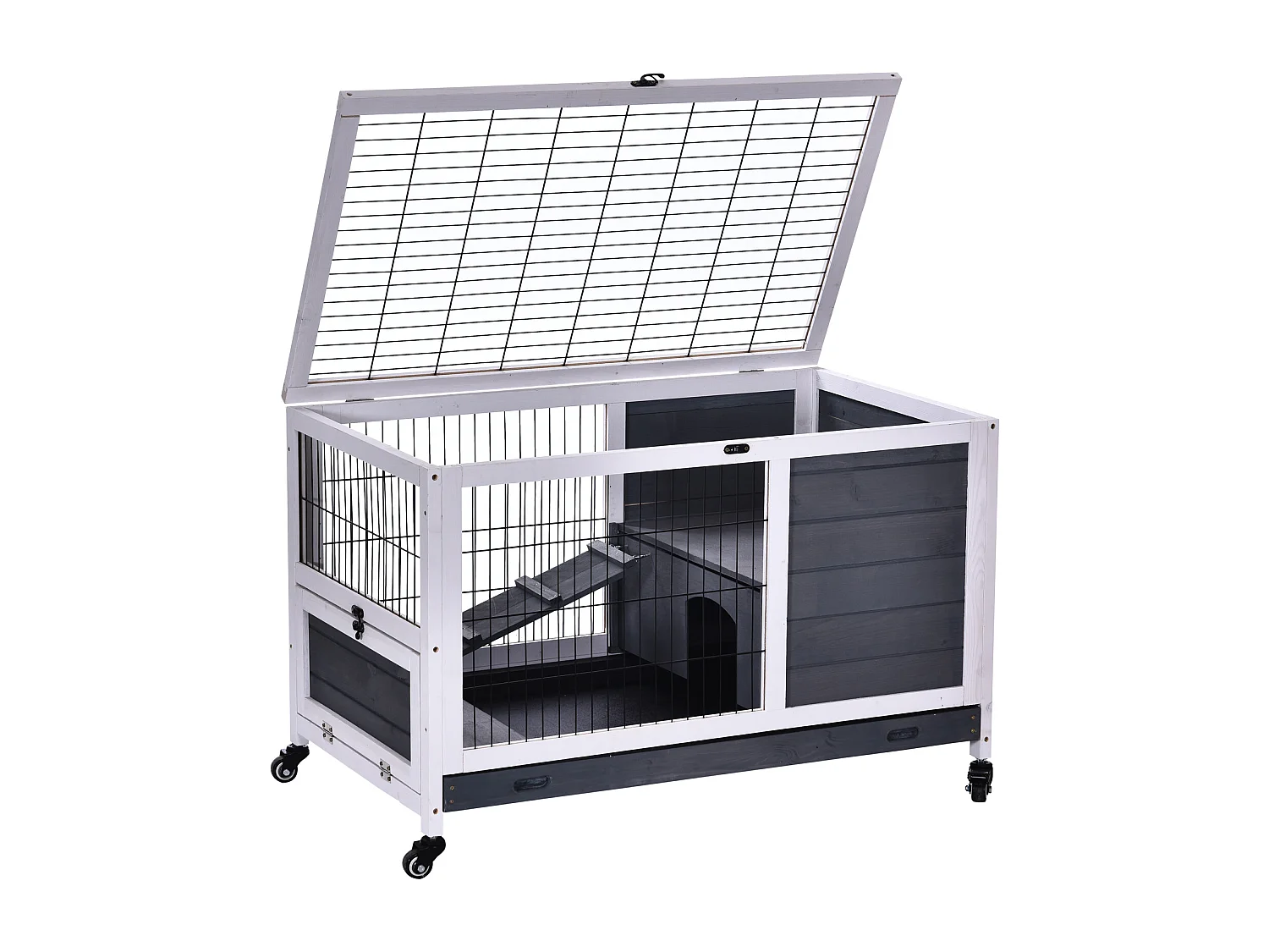 Clapier à lapin sur roulettes cage à lapin 2 étages porte verrouillable toit ouvrant plateau coulissant rampe bois de sapin gris blanc
