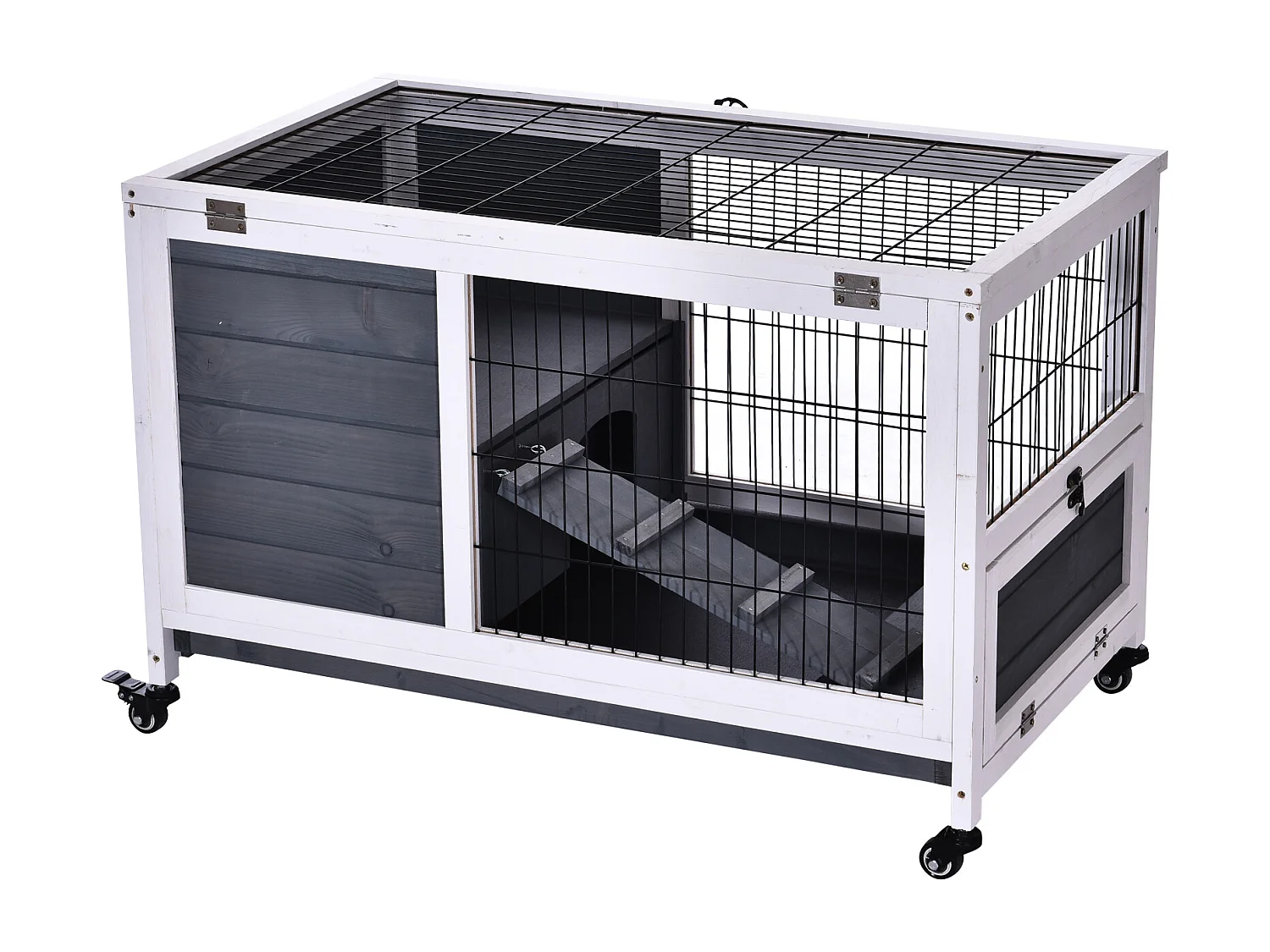 Clapier à lapin sur roulettes cage à lapin 2 étages porte verrouillable toit ouvrant plateau coulissant rampe bois de sapin gris blanc