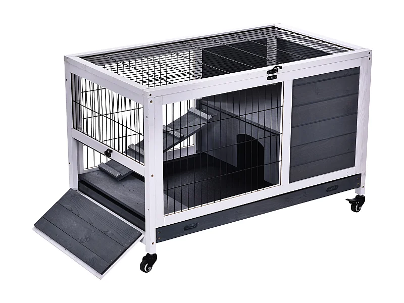 Clapier à lapin sur roulettes cage à lapin 2 étages porte verrouillable toit ouvrant plateau coulissant rampe bois de sapin gris blanc