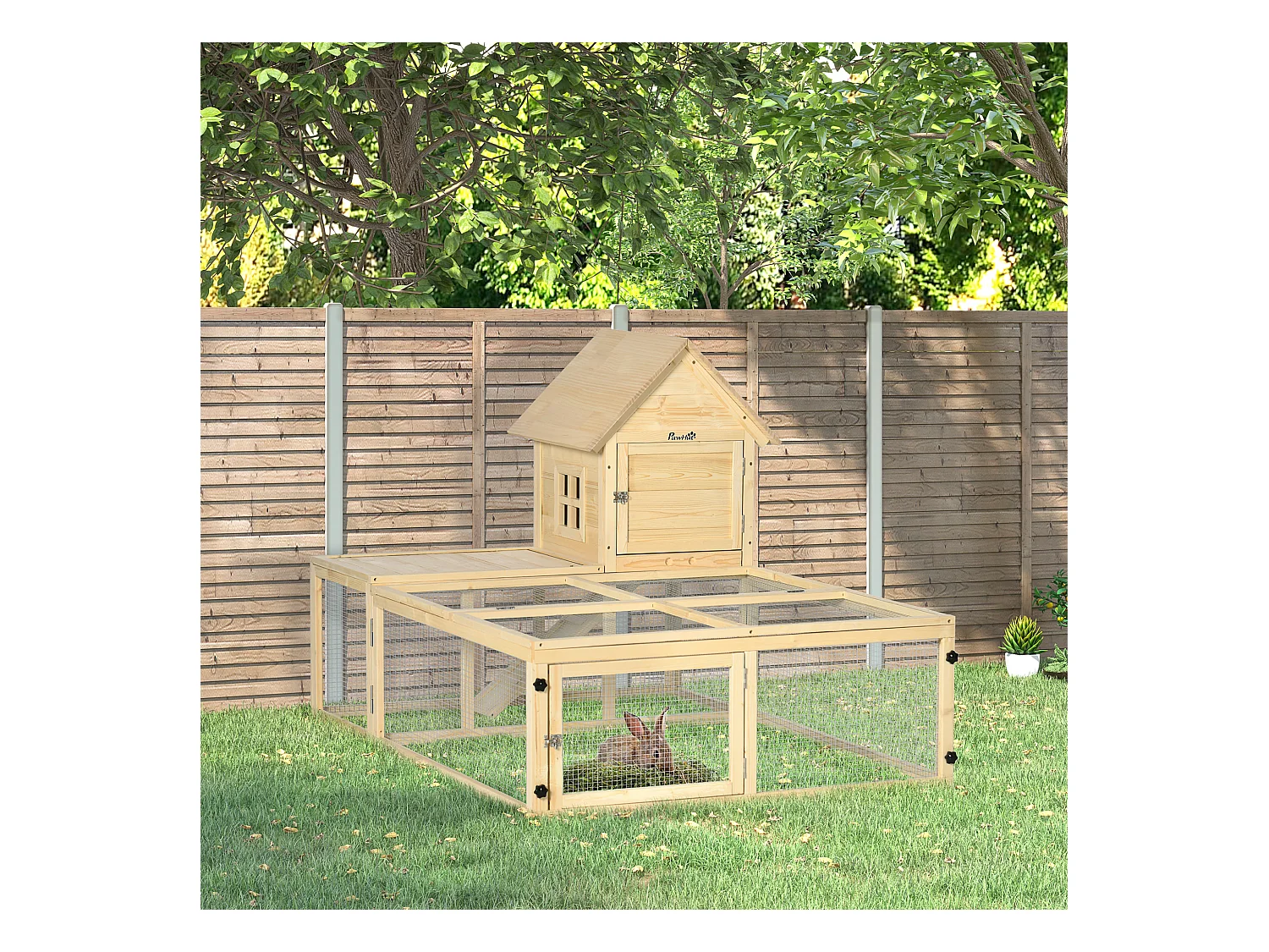 Clapier enclos cage à lapin 2 niveaux dim. 151L x 106l x 97H cm - aire de jeu, rampe, portes verouillables - bois sapin