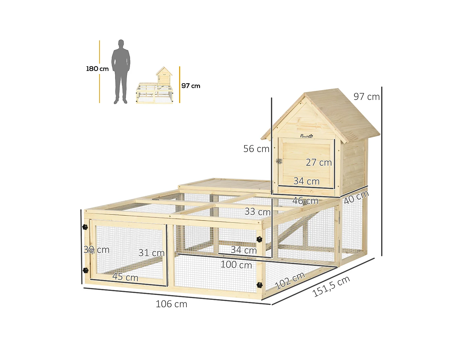 Clapier enclos cage à lapin 2 niveaux dim. 151L x 106l x 97H cm - aire de jeu, rampe, portes verouillables - bois sapin