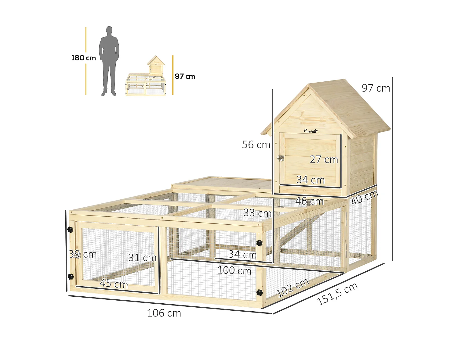 Clapier enclos cage à lapin 2 niveaux dim. 151L x 106l x 97H cm - aire de jeu, rampe, portes verouillables - bois sapin