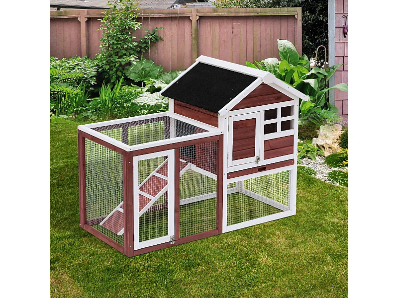 Clapier cage à lapins multi-équipé : niche supérieure avec rampe, plateau excrément, fenêtre + enclos  extérieur sécurisé 2 portes 122L x 63l x 92H cm rouge brique