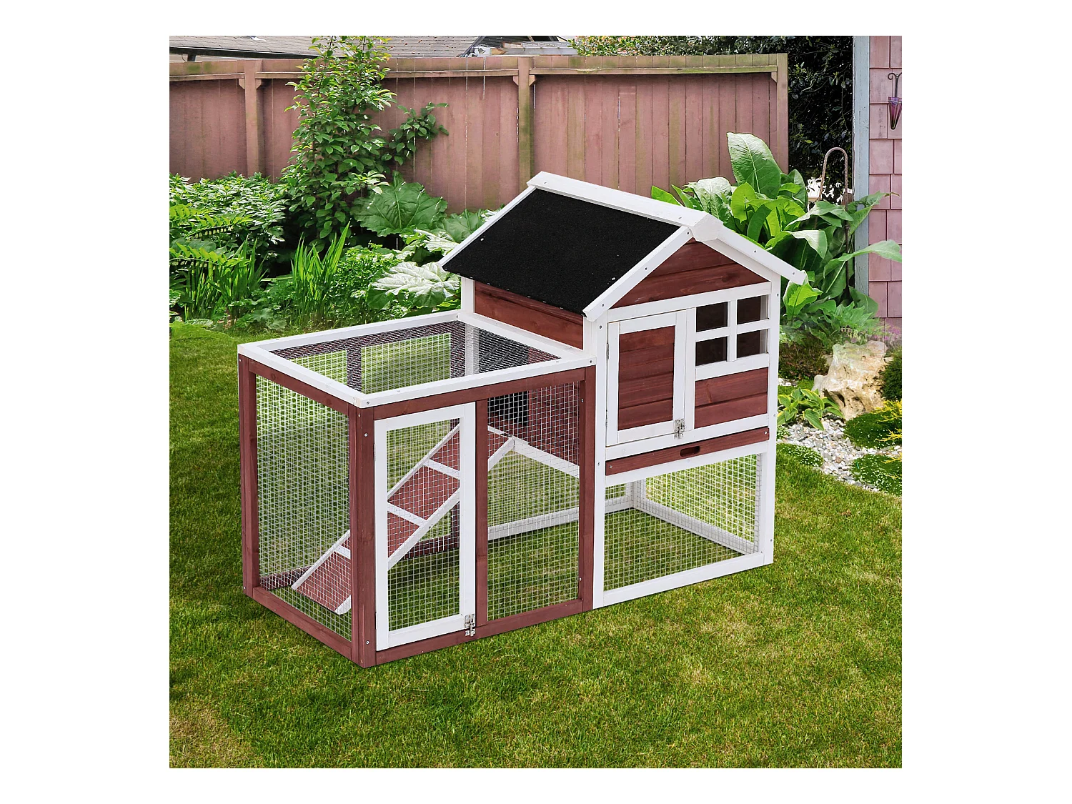 Clapier cage à lapins multi-équipé : niche supérieure avec rampe, plateau excrément, fenêtre + enclos  extérieur sécurisé 2 portes 122L x 63l x 92H cm rouge brique