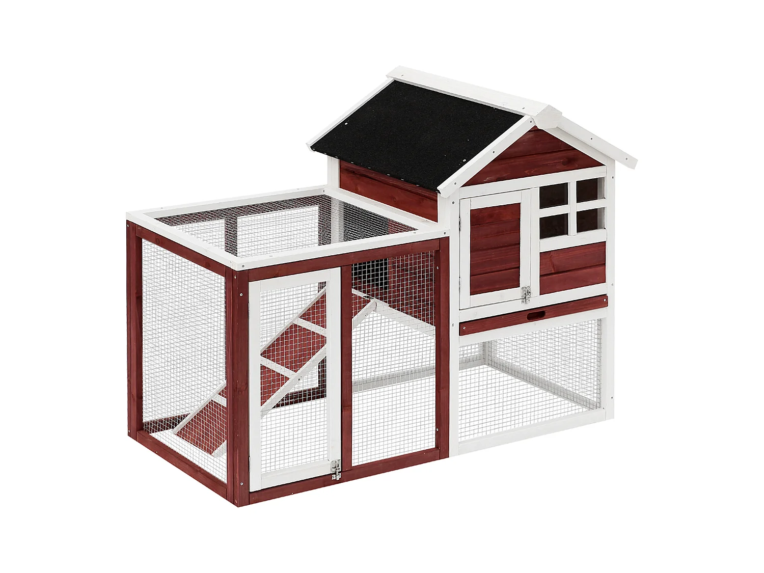 Clapier cage à lapins multi-équipé : niche supérieure avec rampe, plateau excrément, fenêtre + enclos  extérieur sécurisé 2 portes 122L x 63l x 92H cm rouge brique