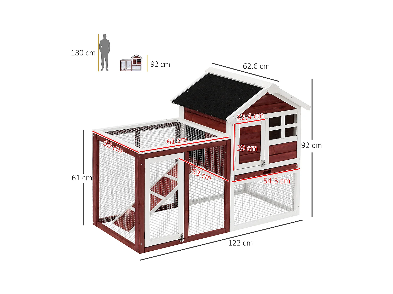 Clapier cage à lapins multi-équipé : niche supérieure avec rampe, plateau excrément, fenêtre + enclos  extérieur sécurisé 2 portes 122L x 63l x 92H cm rouge brique