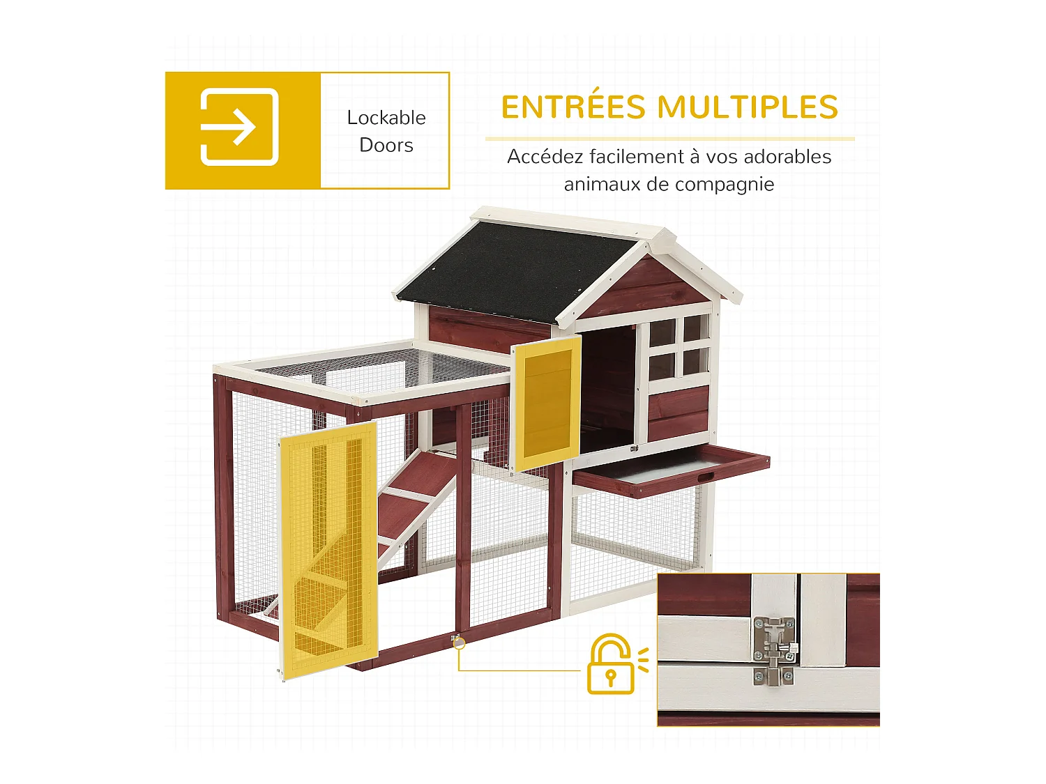 Clapier cage à lapins multi-équipé : niche supérieure avec rampe, plateau excrément, fenêtre + enclos  extérieur sécurisé 2 portes 122L x 63l x 92H cm rouge brique