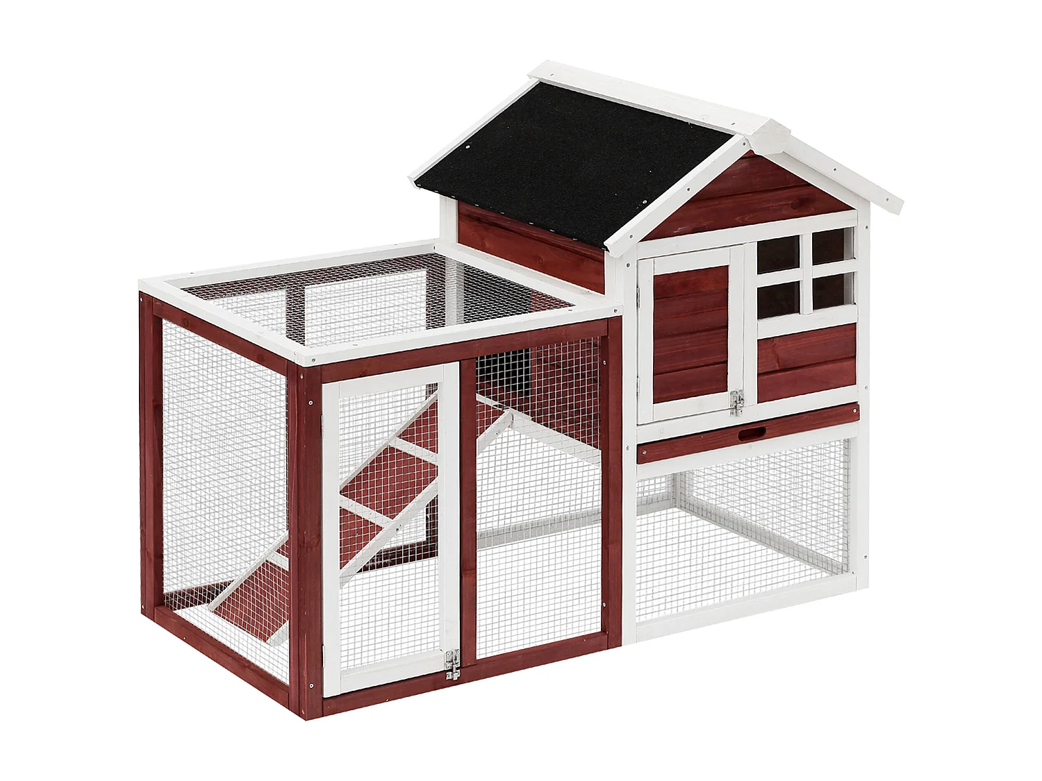 Clapier cage à lapins multi-équipé : niche supérieure avec rampe, plateau excrément, fenêtre + enclos  extérieur sécurisé 2 portes 122L x 63l x 92H cm rouge brique