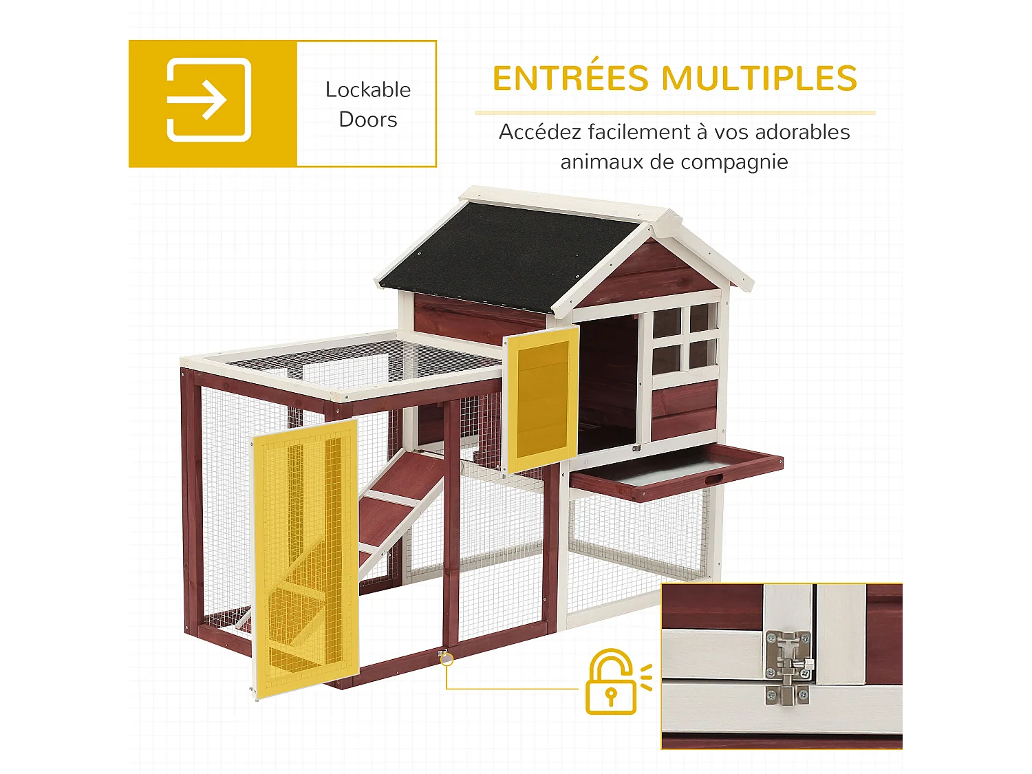 Clapier cage à lapins multi-équipé : niche supérieure avec rampe, plateau excrément, fenêtre + enclos  extérieur sécurisé 2 portes 122L x 63l x 92H cm rouge brique