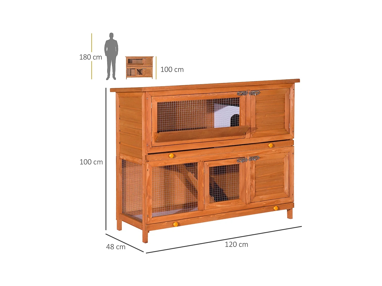 Cage a lapin poulailler clapier en bois de pin de grande taille avec 2 etages 120x48x100 cm