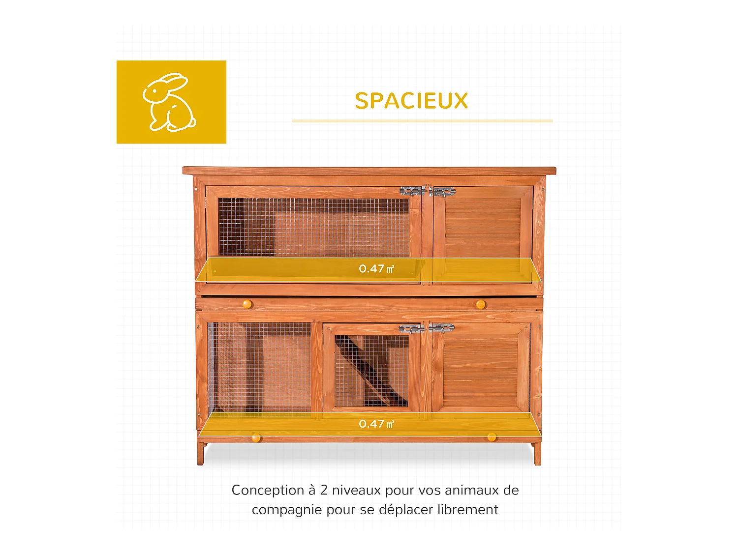 Cage a lapin poulailler clapier en bois de pin de grande taille avec 2 etages 120x48x100 cm