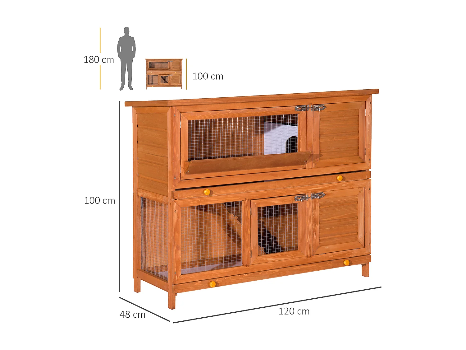 Cage a lapin poulailler clapier en bois de pin de grande taille avec 2 etages 120x48x100 cm