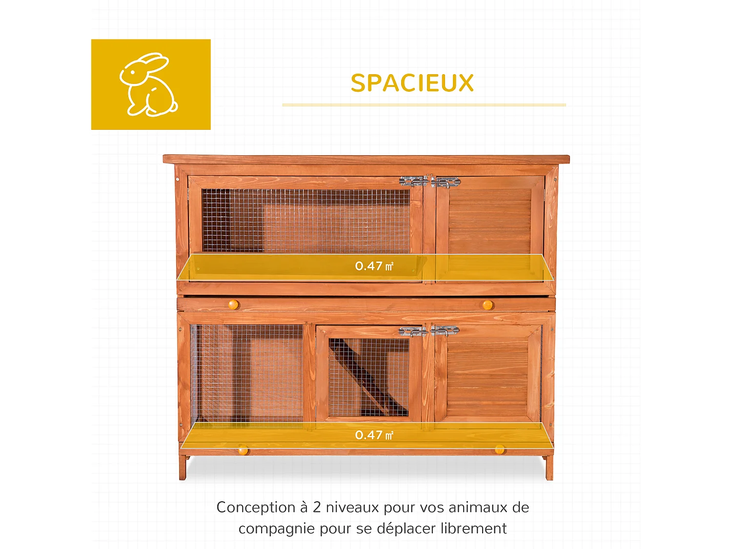 Cage a lapin poulailler clapier en bois de pin de grande taille avec 2 etages 120x48x100 cm