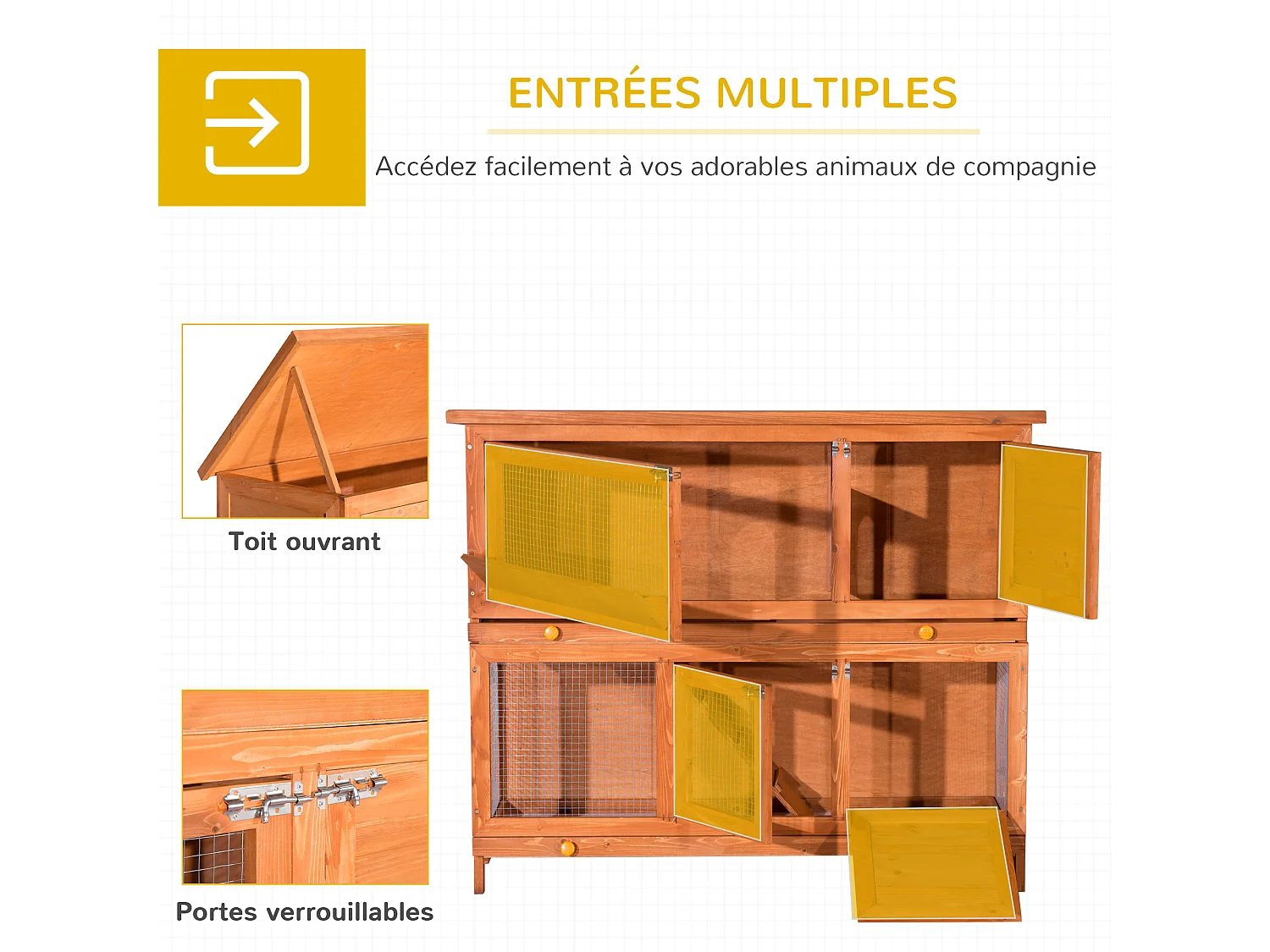 Cage a lapin poulailler clapier en bois de pin de grande taille avec 2 etages 120x48x100 cm