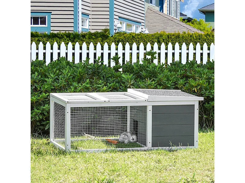 Clapier de sol enclos extérieur niche porte double toit ouvrant fil métallique bois sapin pré-huilé peint gris blanc