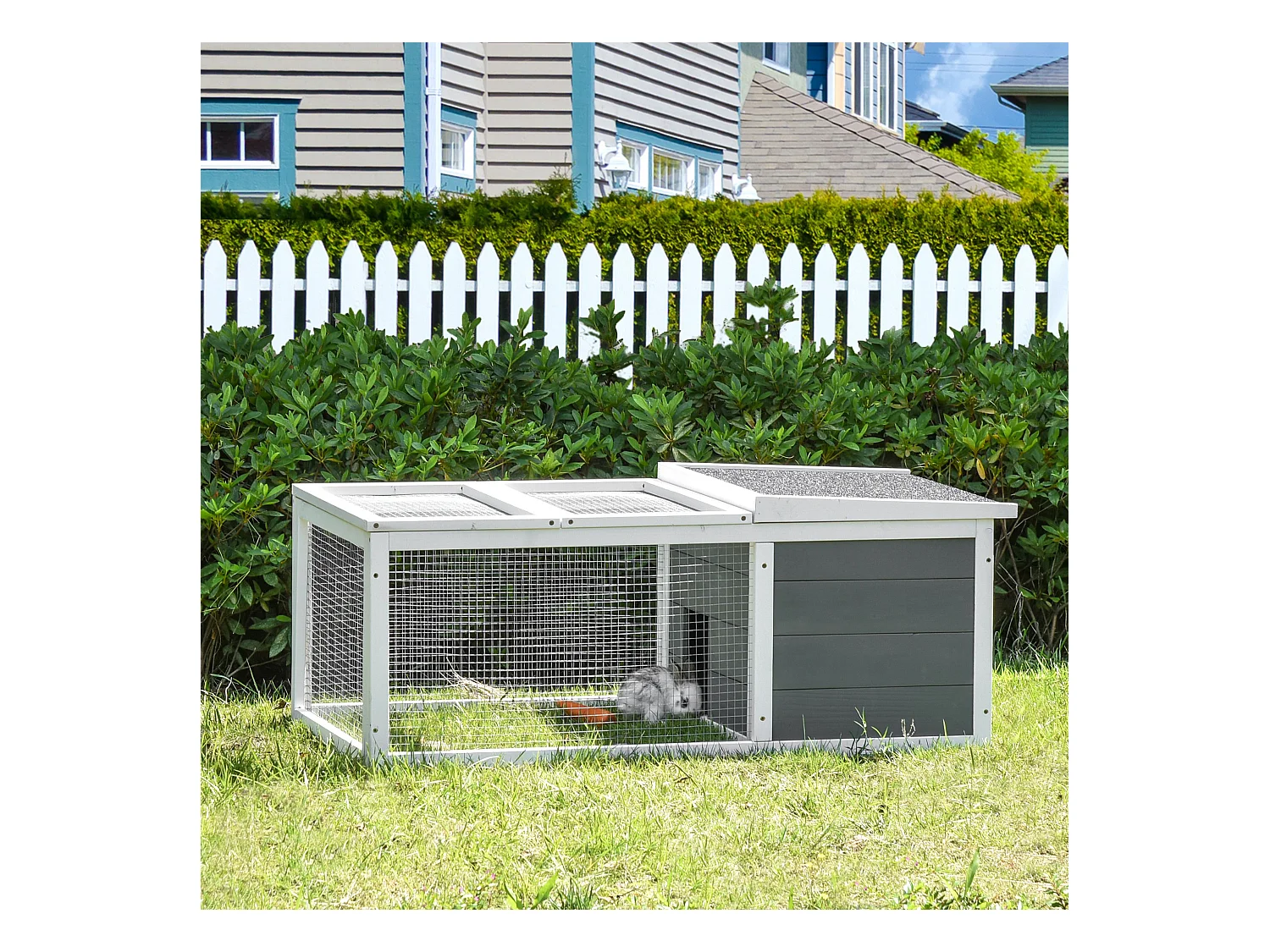 Clapier de sol enclos extérieur niche porte double toit ouvrant fil métallique bois sapin pré-huilé peint gris blanc