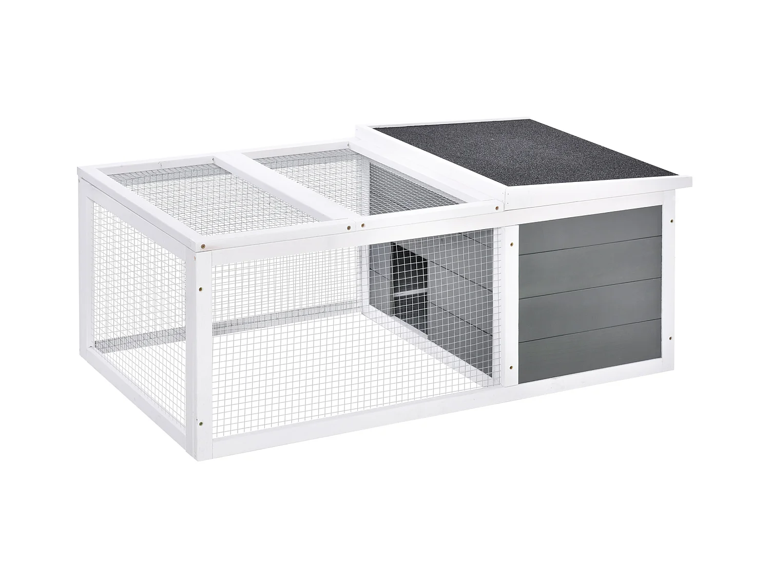 Clapier de sol enclos extérieur niche porte double toit ouvrant fil métallique bois sapin pré-huilé peint gris blanc