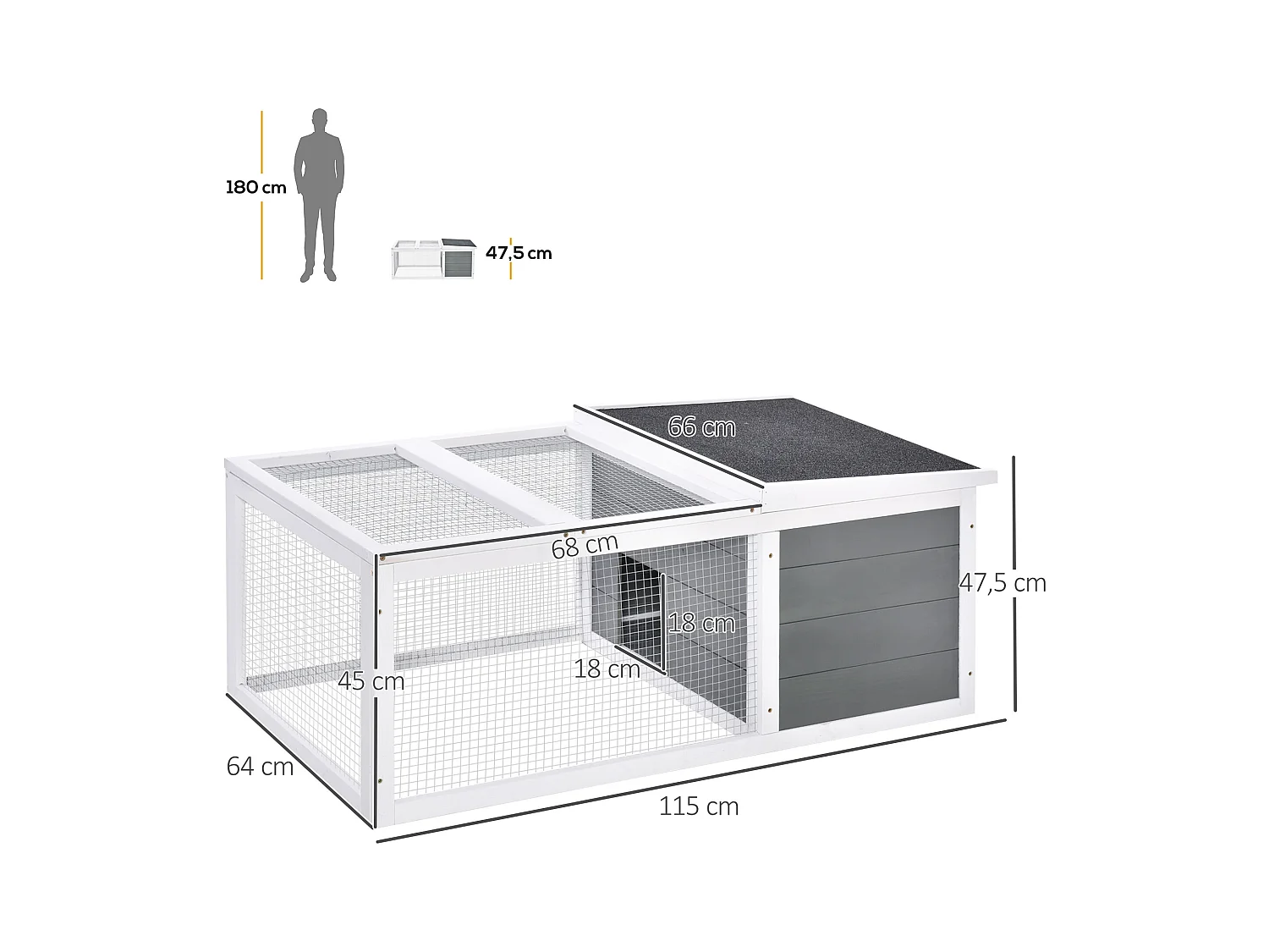 Clapier de sol enclos extérieur niche porte double toit ouvrant fil métallique bois sapin pré-huilé peint gris blanc